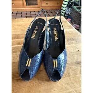 Vintage Maserati Deep Navy Blue with Gold Accent Slingback Heels Sz. 7